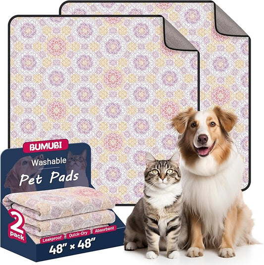 Washable Dog Pee Pads, 48"x48" Reusable Absorbent Dog Pads, Washable, Waterproof & Non-Slip Puppy Pads for Potty Training, Crate, Playpen, Whelping, Mandala Floral Pattern (Pack of 2)