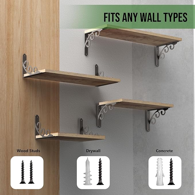 L Shelf Brackets for 12" - 14" Board, Floating Shelf Bracket Heavy Duty Metal Shelving Brackets for Shelves, Decorative Iron Rustic Wall Brackets for DIY Floating Shelf, 6 Pack Black