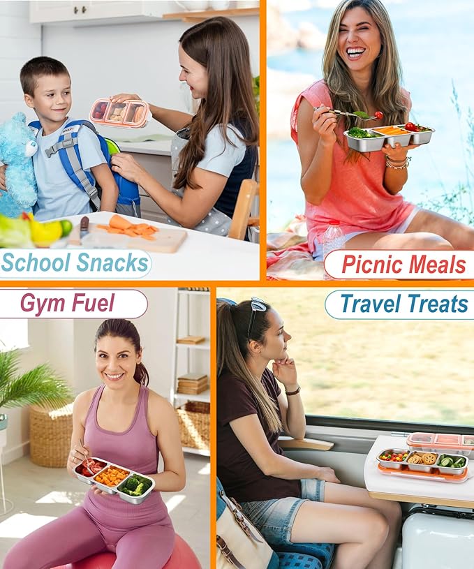 KTKUDY Stainless Steel Snack Container for Kids & Adults - Leak-Proof 3-Compartment Stackable Snack Lunch Box for Daycare, School, Work & Travel