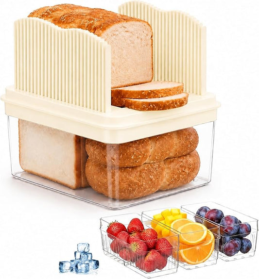 Bread Box with Slicer & Ice Chilled Condiment Caddy, Portable Airtight Bread Storage Container with Lid Handle for Kitchen Counter, Bread Keeper for Homemade Bread,Toast, Bagel, Cookies, Beige