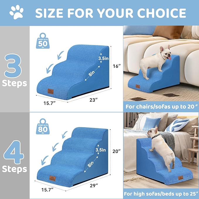 Zerbuger Dog Ramp and Stair for Bed 16" H-20 H,3-Step Cat Stair for Sofa and Chair,4-Step Dog Ramp for High Bed and Window,Durable Nonslip Fabric Cover for Indoor (Blue-16“H, Pet Friendly, 3)