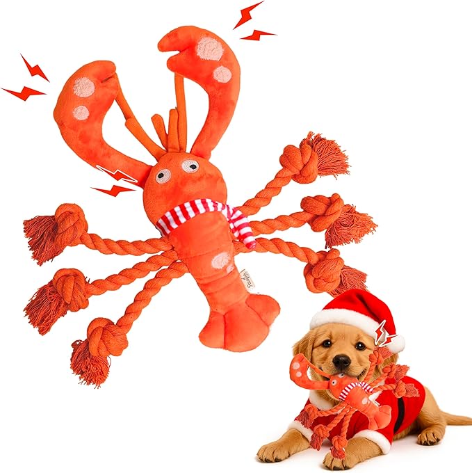Christmas Dog Toys, Squeaky Tough Rope Tug of War Dog Toys, Interactive Plush Chew Toys, Dog Gifts for Puppy, Small Medium Large Dogs - Lobster