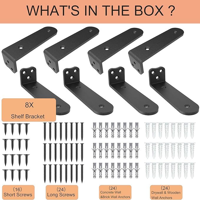 Eurydice Heavy Duty Floating Shelf Brackets, 1/4 inch Thick L Brackets, (4 In 8 Pack Black), Holds 200 lb, Rounded Arc Edge, One-Piece, 3 Hole Mounting For Wood Shelves in Kitchen, Garage, Office, DIY