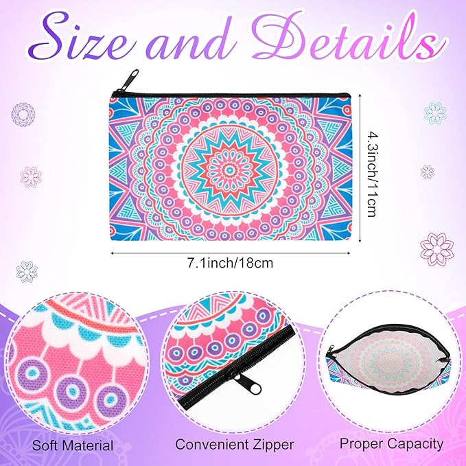 Reginary 20 Pcs Mandala Cosmetic Bag Bulk for Women Mandala Makeup Bag Gifts Roomy Makeup Bags with Zipper Toiletry Bags Pouch Travel Accessory Organizer Christmas Small Gifts, 7 x 4.3 Inches