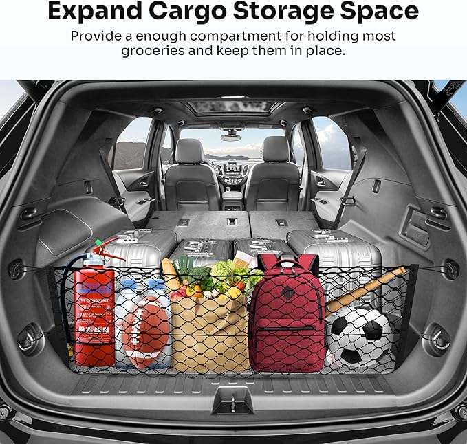 Trunk Cargo Net for 2018-2025 2026 Chevy Equinox & GMC Terrain Accessories Envelope Style Mesh Trunk Net Organizer and Storage Stretchable Elastic Nylon Rear Cargo Netting with Hooks