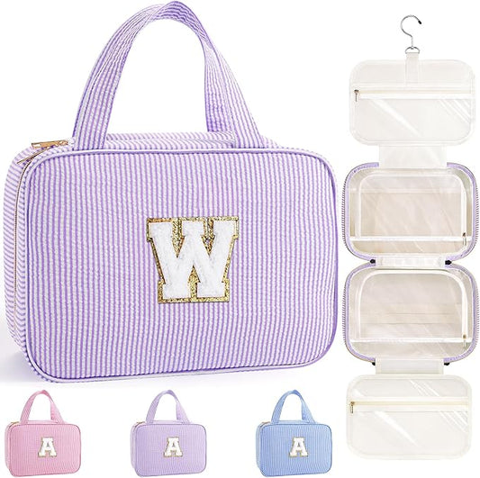 TOPEAST Hanging Toiletry Bag for Women - Travel Toiletry Bag Makeup Bag, Portable Toiletries Cosmetic Bag, Airplane Travel Essentials - Letter W, Purple