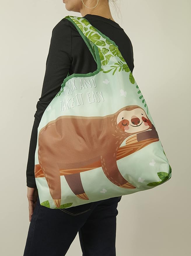 O-WITZ Reusable Grocery Bags | Vibrant Tote Bag For Groceries, Gym, Beach Gear, Toys & More | Washable Design With Large Handles For Maximum Convenience | Folds Into A Small Pouch, 5 Pack, Sloths