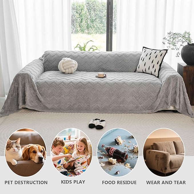 Sherpa Fleece Couch Cover for 3 Cushion Sofa, Grey, 71" x 150" - Pet Proof Sofa Covers Heavy Duty Scratch Resistant Pet Friendly Furniture Cover - Easy Install, Machine Washable