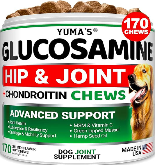 YUMA'S Glucosamine for Dogs - Hip and Joint Supplement for Dogs - 170 Ct - Glucosamine Chondroitin Chews - Joint Pain Relief Supplement with MSM - Advanced Health - Mobility Support - Made in USA