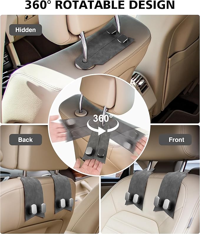 Car Hooks for headrest, 4 Pack seat Back Storage Hook Luxurious Leather 100.% Metal,car Hanger & Holder for heatrest,seat,Bag,Purse (Grey)