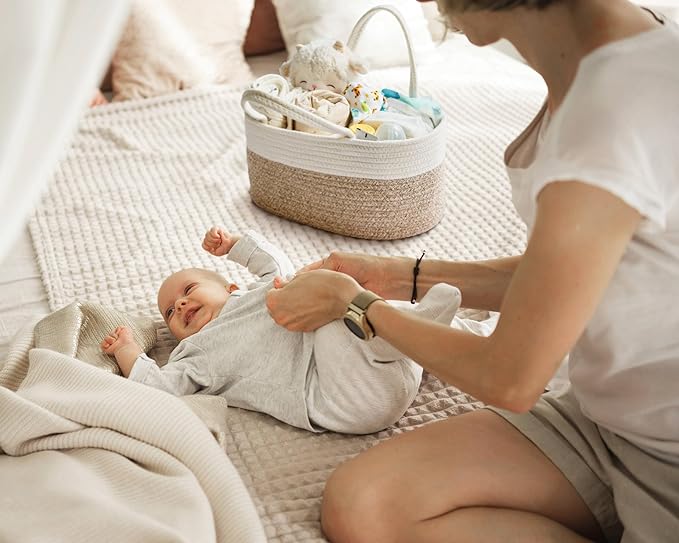 Diaper Caddy Organizer, Empty Gift Basket for Newborn Essentials, Baby Storage Basket, Stylish Gift Bag for Baby Shower, Boys and Girls - Small, White&Beige Brown