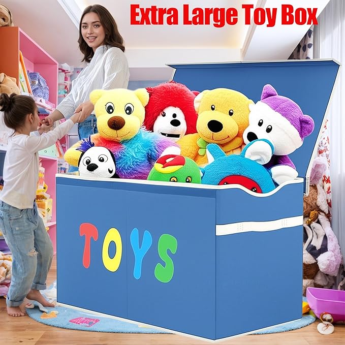 Toy Box Chest, Collapsible Sturdy Storage Bins with Lids, Extra Large Kids Toy Storage Organizer Boxes Bins Baskets for Kids, Boys, Girls, Nursery Room, Playroom, Closet (Classical Blue)