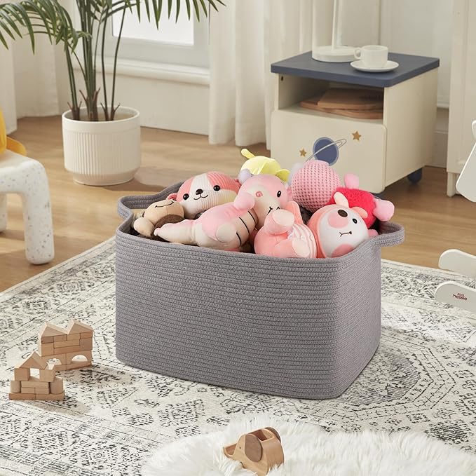 Large Blanket Basket, Blanket Storage Living Room, Rectangle Woven Baskets for Storage Toys, Towels, Dirty Clothes Organizer Bins (Light Grey)