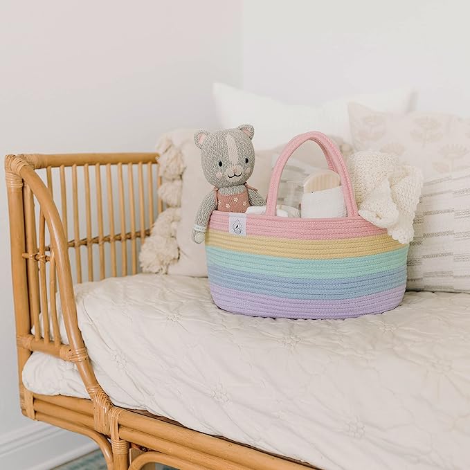 OrganiHaus Pastel Rainbow Nursery Storage Basket, Cotton Rope Toy & Diaper Caddy Organizer with Handles, Baby Diaper Organizer, Foldable Design, Machine Washable, Ideal for Baby Room & Laundry