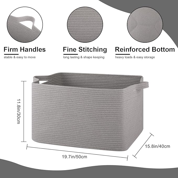 Large Blanket Basket, Blanket Storage Living Room, Rectangle Woven Baskets for Storage Toys, Towels, Dirty Clothes Organizer Bins (Light Grey)