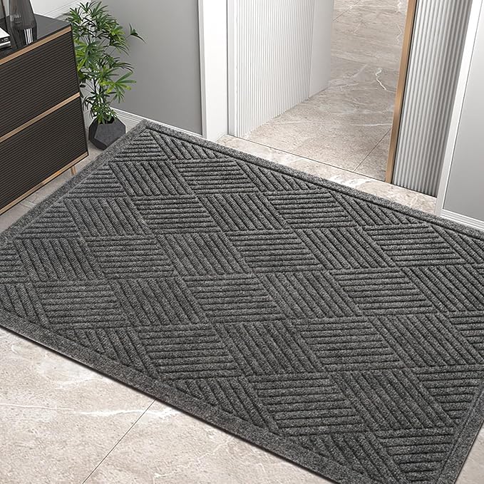 Sturdy Front Door Mat, Absorbent Muddy Dirt Resist Welcome Door Mats Outdoor Indoor, Stain and Fade Resistant, Non-Slip Rubber Backing Low Profile Doormat for Entryway, 47×32, Grey