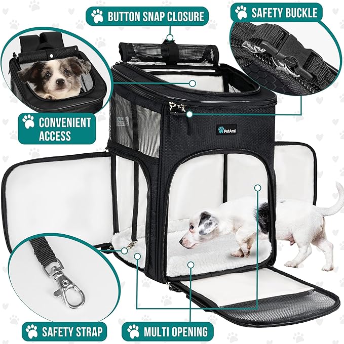 PetAmi Dog Backpack Carrier, Airline Approved 4-Way Entry Cat Backpack Carrier, Ventilated Mesh, Collapsible Pet Carrier for Small Puppy, Kitten, Hiking, Travel Car, Vet, up to 18 lbs, Black