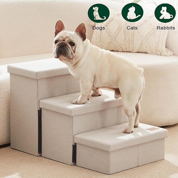 Love's cabin Dog Stairs for High Bed 18" H,Foldable Pet Stairs for Small Medium or Large Dogs Puppy with Storage for Bed or Couch, Cat Dog Steps Ramp with Zip up to 200 lbs(Beige,3 Steps no Condo)