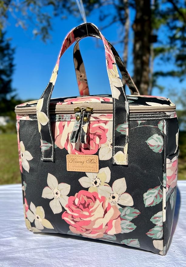 Kwang Min Floral Insulated Lunch Bag for Women,Reusable Lunch Box,Large Cooler for Office,Picnic Outdoors,Premium Waterproof Fabric,Ideal Floral Lunch Bag (Begonia Navy)