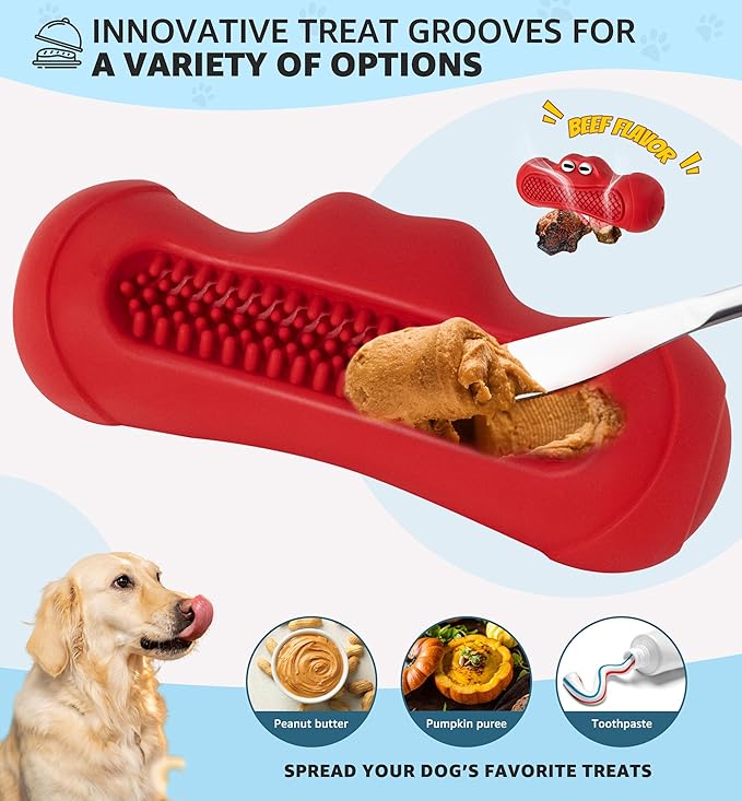IPTPAS Durable Dog Chew Toy for Aggressive Chewers, Tough Natural Rubber Squeaky Dog Toy with Irresistible Beef Flavor, Dental Care, Teeth Cleaning & Boredom Relief for Medium & Large Dogs (Red)