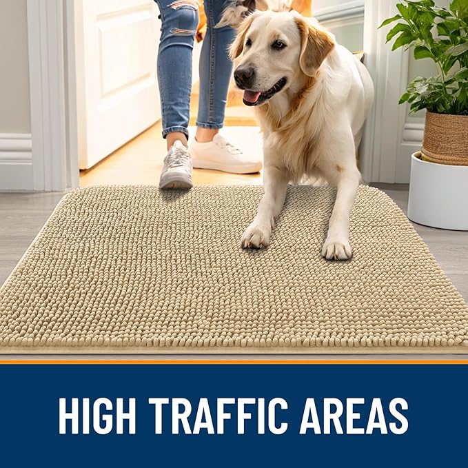 OLANLY Dog Door Mat Set 2-Piece 24x16, Absorbs Moisture and Dirt, Absorbent Non-Slip Washable Doormat, Quick Dry Chenille Mud Mat for Dogs, Entry Indoor Entryway Carpet for Inside Floor, Beige