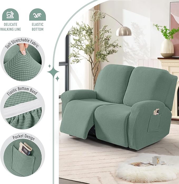 TAOCOCO Recliner Loveseat Slipcover, 6 Pieces Dual Recliner Sofa Covers for 2 Seat Dual Reclining Loveseat Couch, Stretch Soft Jacquard Pattern Furniture Protector with Elasticity (Sage Green)