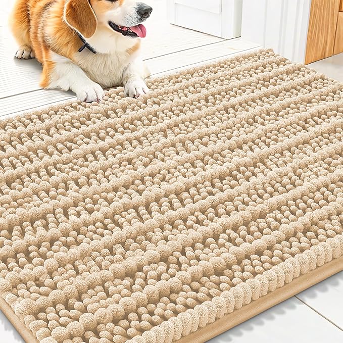Smiry Dog Door Mat for Muddy Paws 30x20, Extra Soft Absorbent Chenille Doormat, Trap Moisture and Dirt, Non-Slip Machine Washable Front Door Mat for Indoor Entrance Inside Floor, Beige