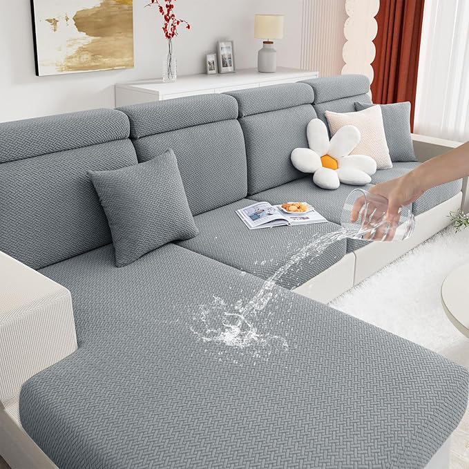 hyha Waterproof Couch Cushion Covers, Wear Resistant Couch Cover, Anti Slip Sofa Slipcovers Washable, Soft Thick Jacquard Furniture Protector for Pets Dog (1 Piece for Large, Light Grey)