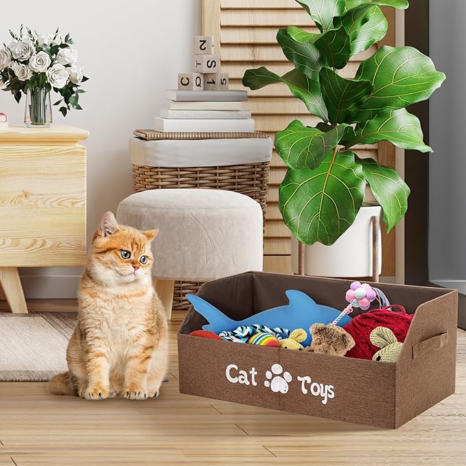 LOVSTORAGE 2X Thicker Large Cat Toy Bin - Collapsible Box, Sturdy Basket, Kitten Storage Bed for Organizing Toys, Treats, Clothes and Accessories (Brown)