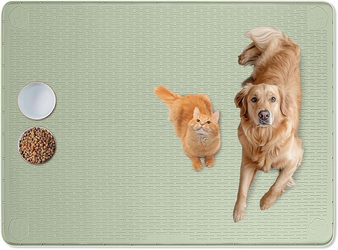 Bartuke Cat Food Mat, 50" x 35" Extra Large Silicone Pet Feeding Mat with Raised Edge Pet Placemat for Food and Water Bowl Non-Slip, Easy to Clean, Floor Protection (Green)