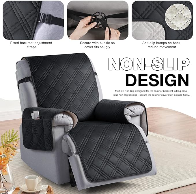 TAOCOCO 100% Waterproof Recliner Chair Cover, Recliner Covers for Recliner Chair with Pocket, Non Slip Reclining Chair Cover Furniture Protector for Kids, Pets(23.6'', Black-Velvet)