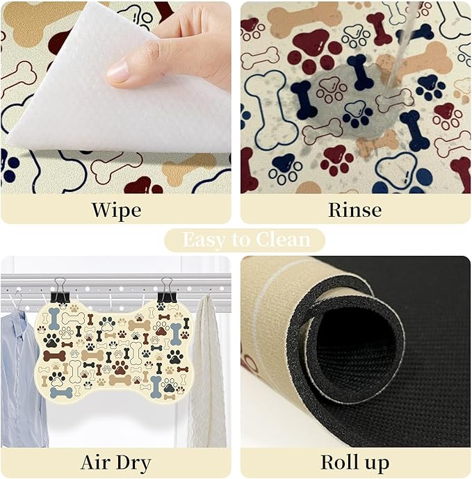 Dog & Cat Food Mat Bone Shaped Pet Feeding Mat Quick Absorb Water Bowl Placemat with Rubber Backing Indoor Floor Stain Resistant Pet Accessory Supplies (Beige, 12x18 Inches)