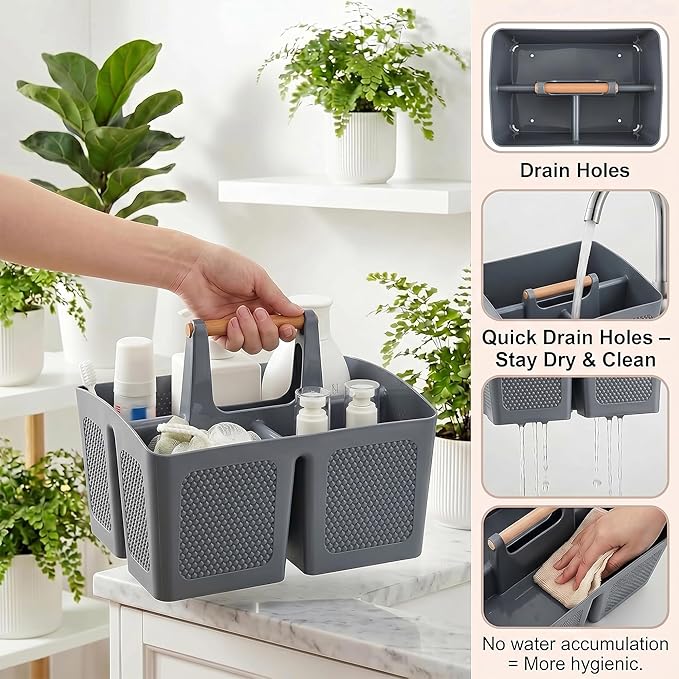 Haundry Portable Shower Caddy Tote with Wooden Handle, 3 Compartment Plastic Organizer Basket for College Dorm Essentials, Bathroom Cleaning Supplies, Gray