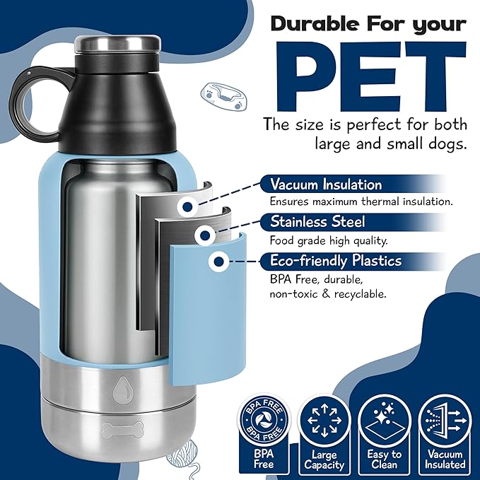Stainless Steel Insulated Water Bottle with 2 Removable Water Bowls for Dogs – Leak-Proof Portable Dog Water Bottle - Travel Accessories for Dogs - 32oz - Blue