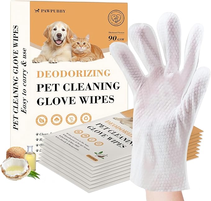 Pet Glove Wipes for Dogs & Cats, Infused with Coconut Oil & Plant Extracts, Deodorizing Bathing Grooming Glove Wipes, Daily & Outdoor Grooming Care, (8 Pcs)