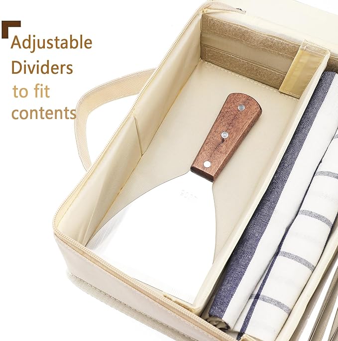 Flatware Utensil Storage Case, Beige Silverware Storage Box Chest with Adjustable Dividers, Removable Cutlery Storage Holder with Zipper Lid for Organizing Spoon/Flatware/Knives