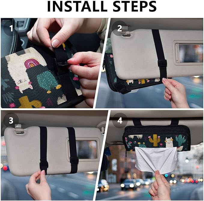Car Tissue Holder Car Napkin Holder Car Tissue Box Dispenser Storage Case Sun Visor Mask Holder with Adjustable Straps Reusable Refillable White Llama Green Cactus