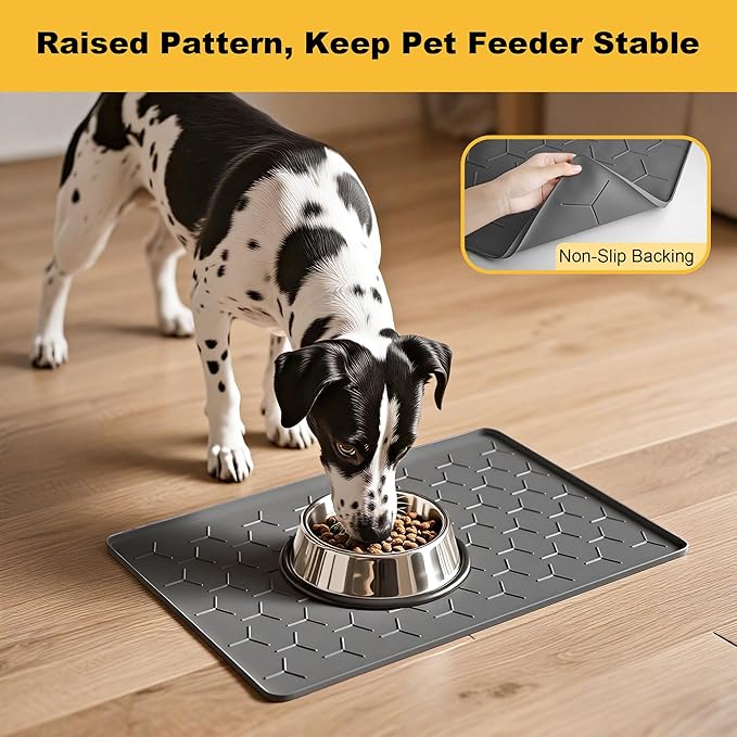 Pieviev Dog Cat Food Bowl Mat, Silicone Waterproof Food Grade Pet Food Mat for Floor, High Raised Edge to Prevent Spills, Non-Slip & Easy Clean Pet Placemat for Dog & Cat Bowls, 24''x16'', Dark Gray