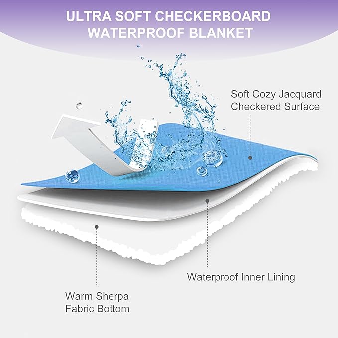 Yaning Checkered Waterproof Blanket for Bed Couch Sofa Car, Fluffy Soft Dog Blanket with 3D Jacquard Grid Pattern, Reversible Leakproof Pet Blankets for Dogs Cats Puppies, Dusty Purple, 60"x80"