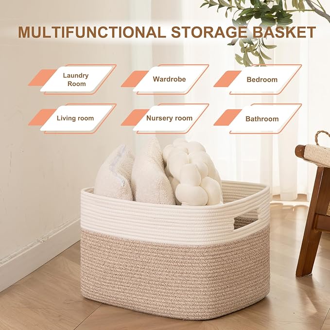 SIXDOVE Blanket Basket, Cotton Rope Woven Storage Basket for Living Room, Toy Bin for Kids, Nursery, Baby Room Decorative Organizer, 18''×14''×12'', Brown & White