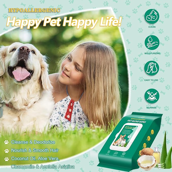 CHPPEY 40PCS Pet Cleaning and Deodorizing Grooming Glove Wipes for Dogs and Cats, Extra Thick Nourish Fur No-Rinse Grooming Wipes for Daily Care and Travel, Hypoallergenic