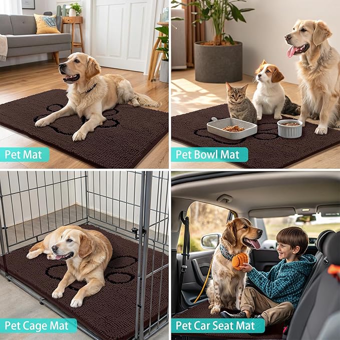 Smiry Dog Door Mat for Muddy Paws, Absorbent Dirt Trapper Non Slip Quick Dry Washable Chenille Mat for Mud Dogs, Entry Rug for Indoor and Outdoor (47x32 Inches, Brown and Black)