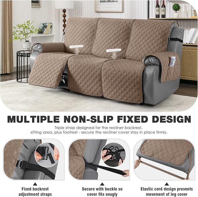TAOCOCO 100% Waterproof Recliner Couch Covers, Recliner Sofa Covers with Leg Straps, 1-Piece Washable Reclining Sofa Cover with Pocket Couch Protector for Pets Kids(3 Seater, Khaki)