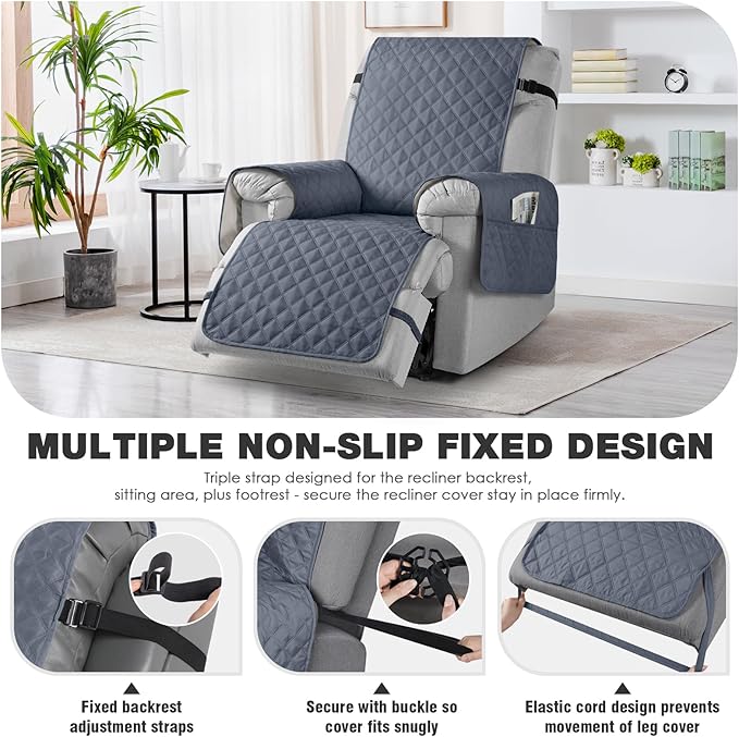 TAOCOCO Waterproof Recliner Chair Covers with Leg Strap 1 Piece Oversized Recliner Covers for Large Recliner for Pets Kids, Washable Reclining Chair Furniture Protector(28'' Oversized, Bluish Grey)
