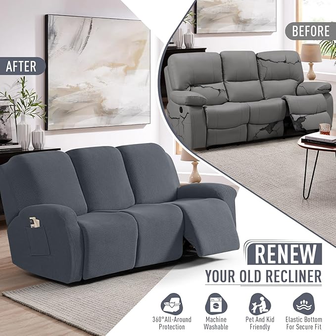 TAOCOCO Recliner Sofa Covers 8-Pieces Stretch Large Couch Covers for 3 Seats Reclining Slipcovers Soft Jacquard Pattern Furniture Protector (Grey)