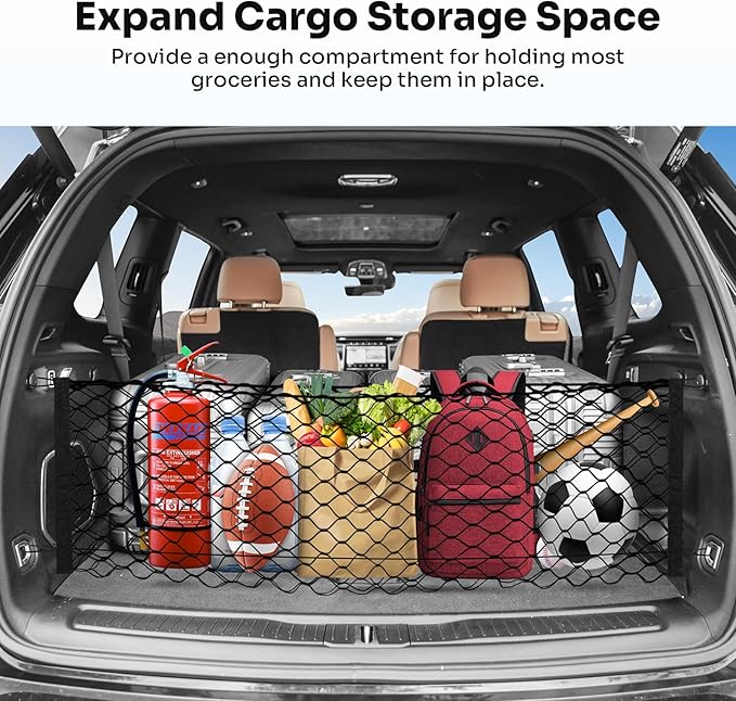 Trunk Cargo Net for 2021-2026 Jeep Grand Cherokee L (7 Seats) Accessories Envelope Style Mesh Trunk Net Organizer and Storage Stretchable Adjustable Elastic Nylon Rear Cargo Netting with Hooks