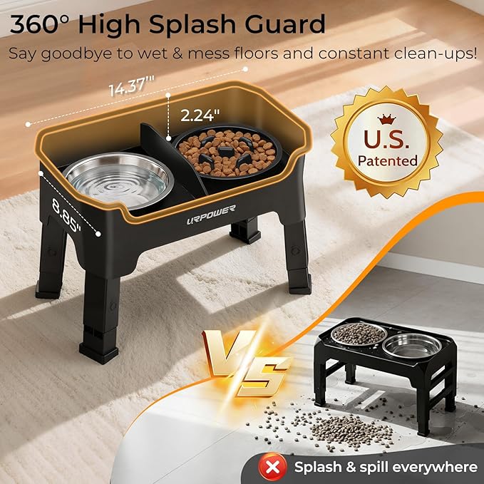 URPOWER Mess Proof Slow Feeder Dog Bowls 4 Height Adjustable Elevated Bowl Stand with Stainless Steel Water Bowl and Slow Feeder Non-Slip Dog Food Bowls Stand for Small & Medium Dogs