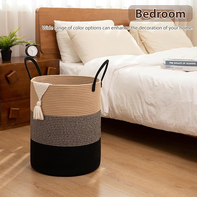 OIAHOMY Large Laundry Basket Hamper - 100L Cotton Rope Woven Basket for Blankets, Toys, Clothes - Tall Decorative Nursery Hamper with Long Handles, Yellow/Black