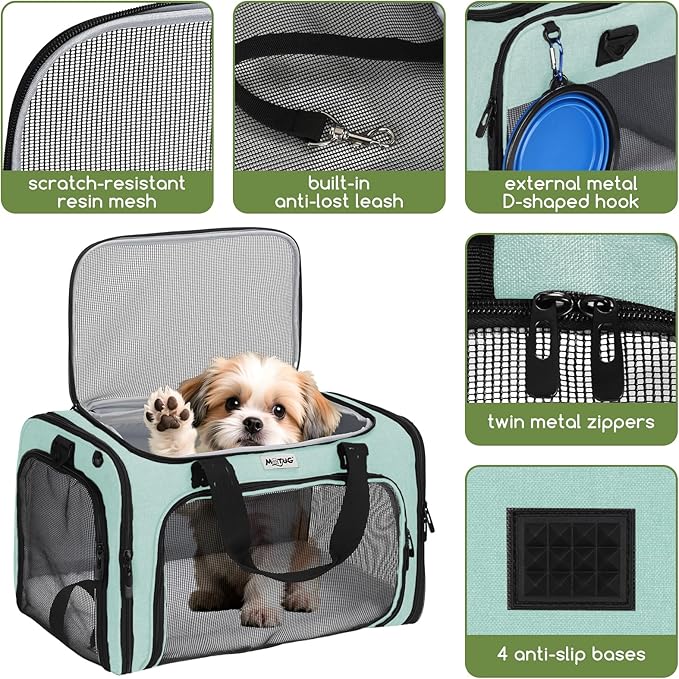 Pet Carrier for Cats & Small Dogs, Travel Carrier with Anti-Collapse Support, Chew Resistant Buckles, Luggage Sleeve, Multi-Pocket Storage, Reversible Mat & Bowl (Green, Medium (17.5"x11"x11.5"))