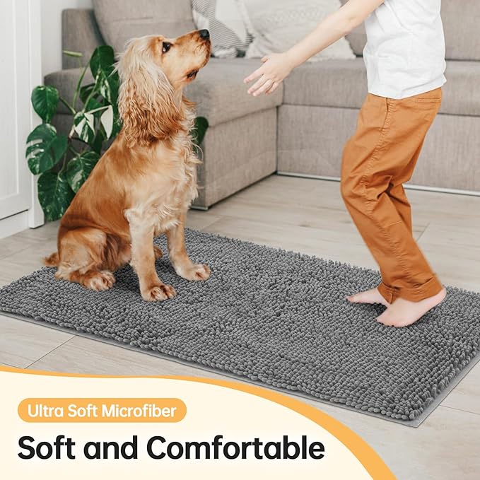 Absorbent Dog Door Mat for Muddy Paws, 60" x 30" Chenille Indoor Mats for Entryway, Trap Dirt Front Door Mat Indoor Entrance Washable Non Slip Soft Light Grey